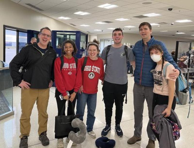 Profs Nicholas Breyfogle and Bart Elmore with Ohio State Students at John Glenn International Airport