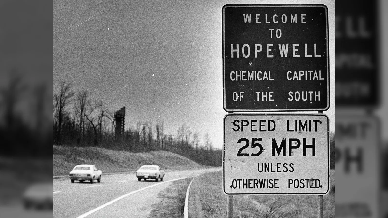 Welcome sign for Hopewell, Virginia, reading "Welcome to Hopewell Chemical Capital of the South" alongside a speed limit sign