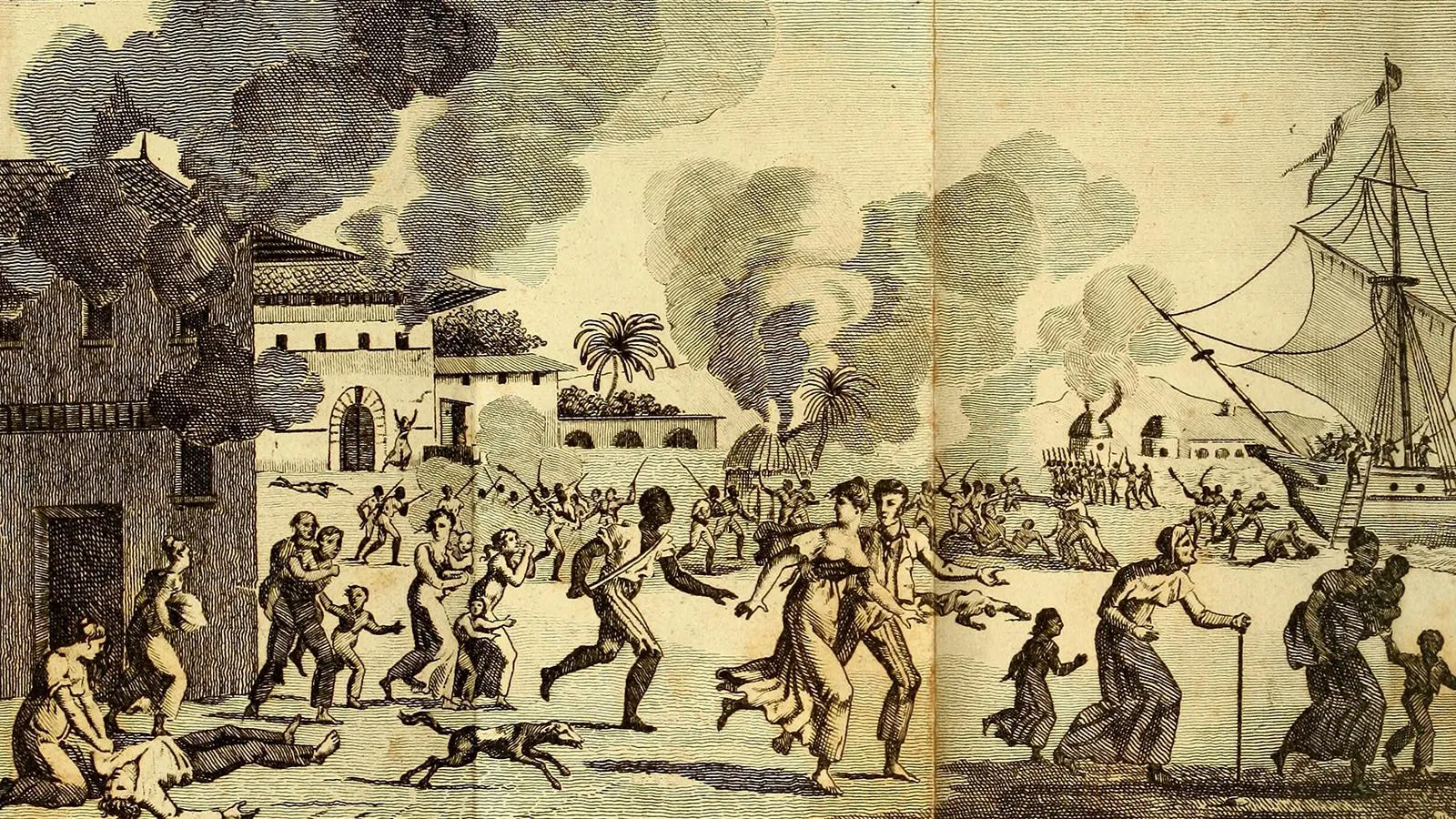 "Incendie du Cap" (Burning of Cape Francais) depicting a "General revolt of the Blacks. Massacre of the Whites" from 1815 Haiti