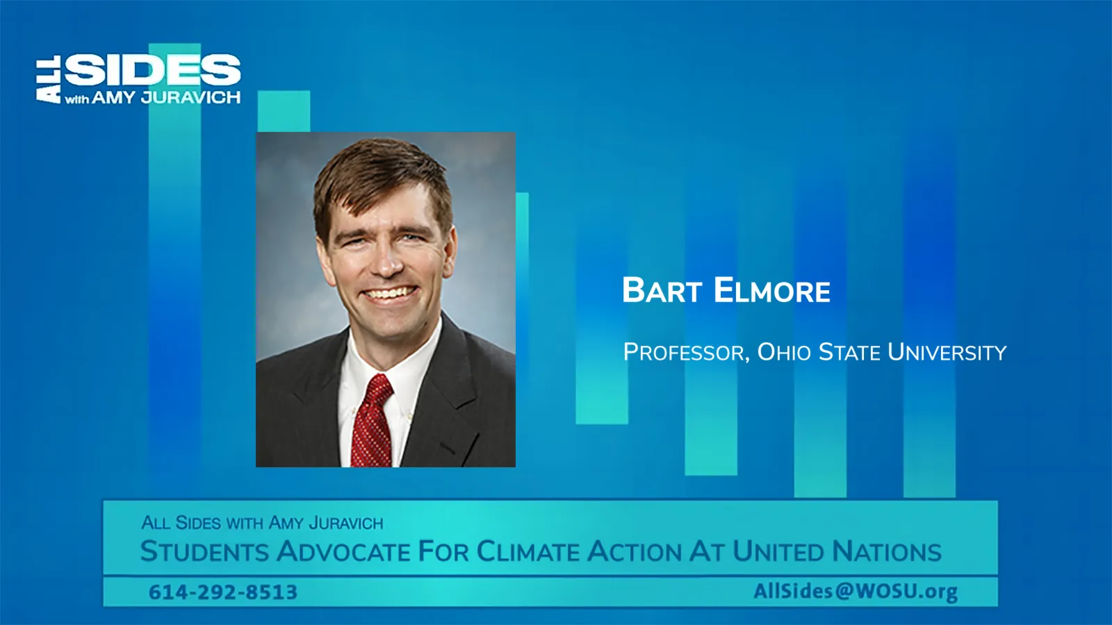 Portrait of Bart Elmore on an advertisement for All Sides with Amy Juravich about "Students Advocate for Climate Action at United Nations"