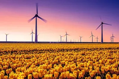 Windmills in a field of yellow tulips