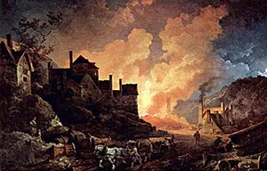 Painting of fire silhouetting a building in a village