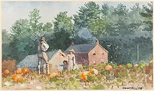 Painting of a farmer in a field resting a pitchfork on his shoulder