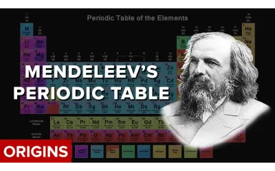 Mendeleev's face in front of a periodic table