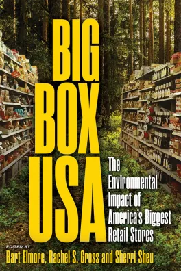 Book cover for Big Box USA depicting rows of shelves filled with goods in the middle of a forest